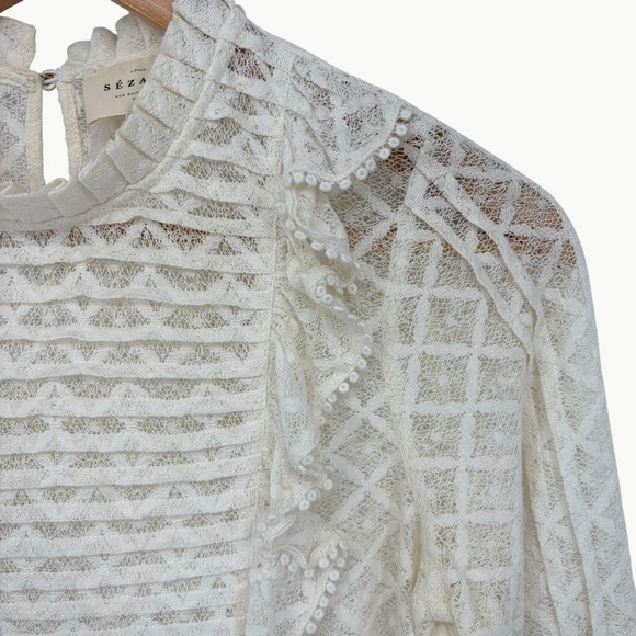 Sézane Emma Pleated Ruffle Front Lace 3/4 Sleeve Blouse | Sz Small | Ecru White - Picture 6 of 13